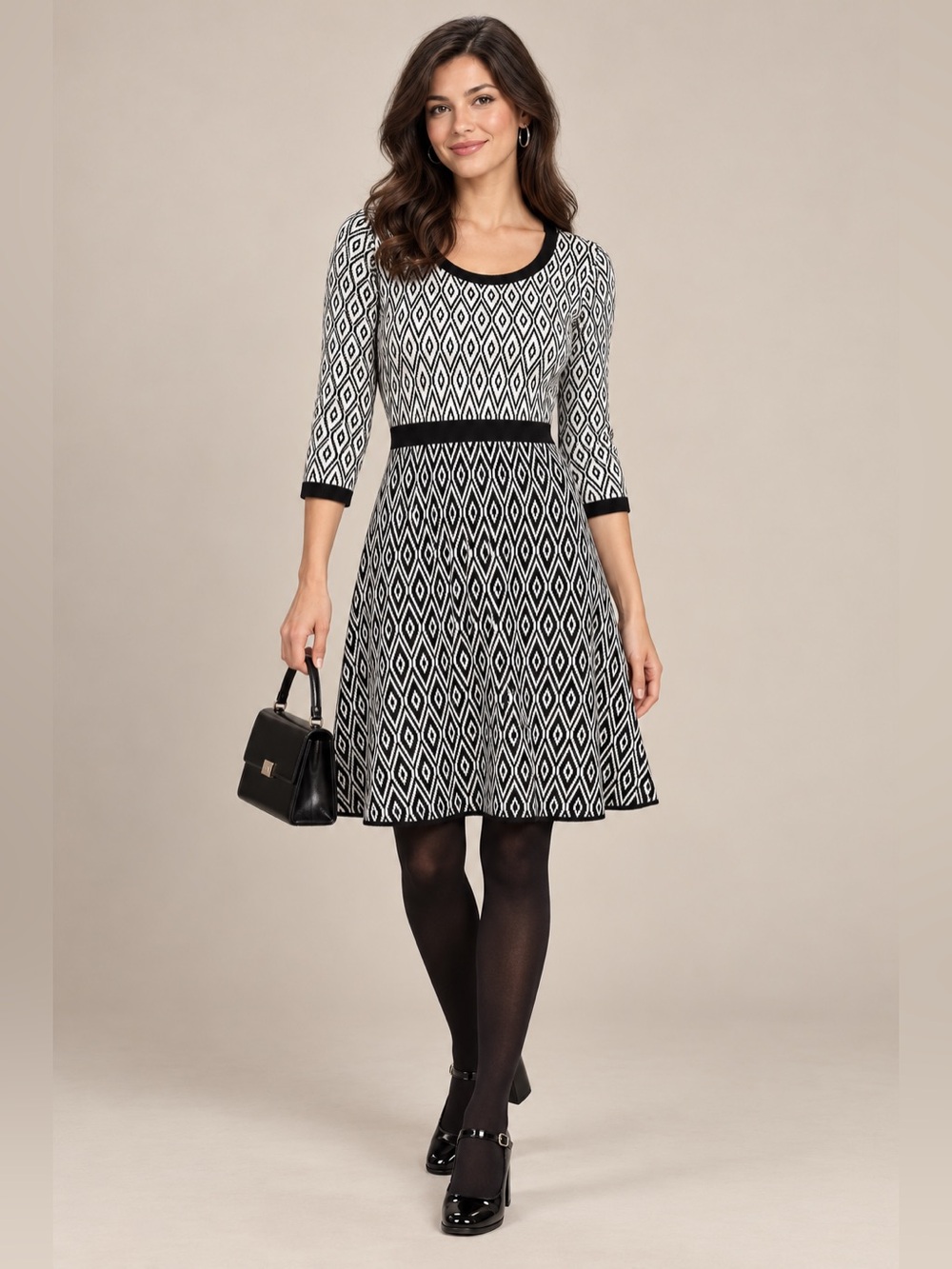 Sandra Darren Petite Medium Geometric Knit Fit & Flare Sweater Dress